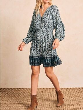 Faherty Montana Western Mini Dress Navy Button Front ECOVERO Medium